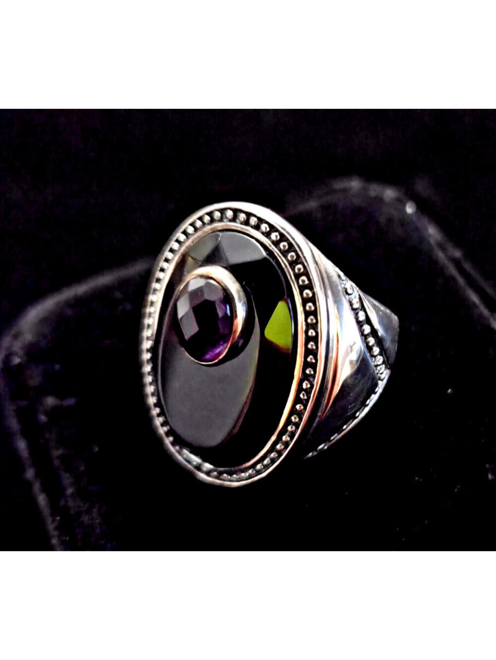 Vintage 925 Sterling Silver Black Onyx Quartz Oval Ring Size 8 HSN 2005 14.1g